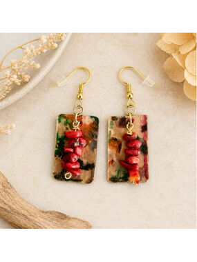 HANDMADE OOAK COPPER EARRINGS Hand Painted Coral Dangles Bohemian Artisan Art